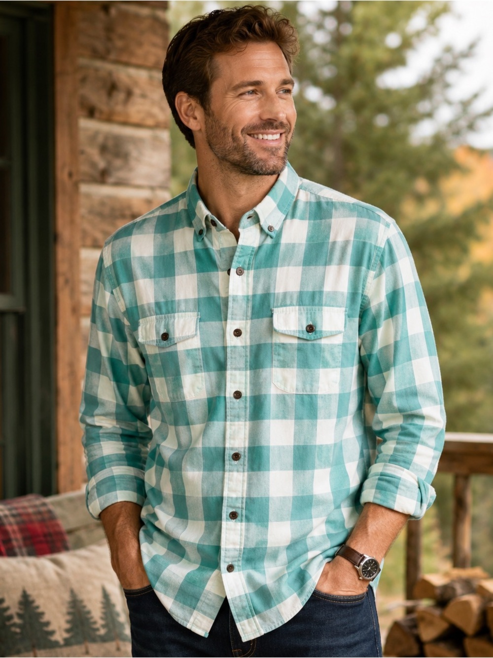 Lands’ End Men’s Traditional Fit Button Down Shirt Green White Buffalo Plaid